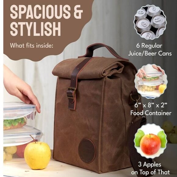 Asebbo unisex Brown waxed Canvas insulated lunch Bag leather handle & buckle - Picture 1 of 8